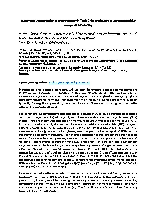 Supply and transformation of organic matter in Tasik Chini and its role in underpinning lake ecosystem functioning Thumbnail