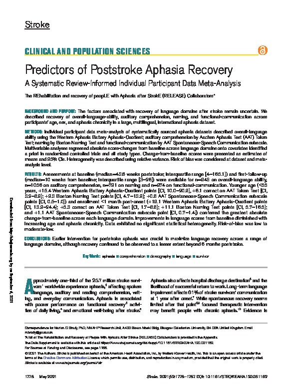 Predictors of Poststroke Aphasia Recovery: A Systematic Review-Informed Individual Participant Data Meta-Analysis Thumbnail