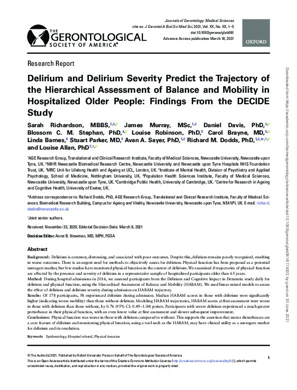 Delirium and Delirium Severity Predict the Trajectory of the Hierarchical Assessment of Balance and Mobility in Hospitalized Older People: Findings From the DECIDE Study Thumbnail
