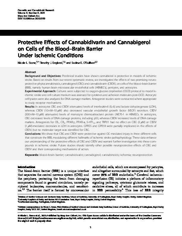 Protective Effects of Cannabidivarin and Cannabigerol on Cells of the Blood-Brain Barrier Under Ischemic Conditions Thumbnail