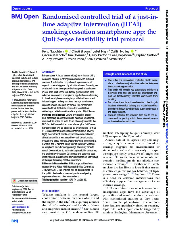 Randomised controlled trial of a Just-In-Time Adaptive Intervention (JITAI) smoking cessation smartphone app: The Quit Sense feasibility trial protocol Thumbnail