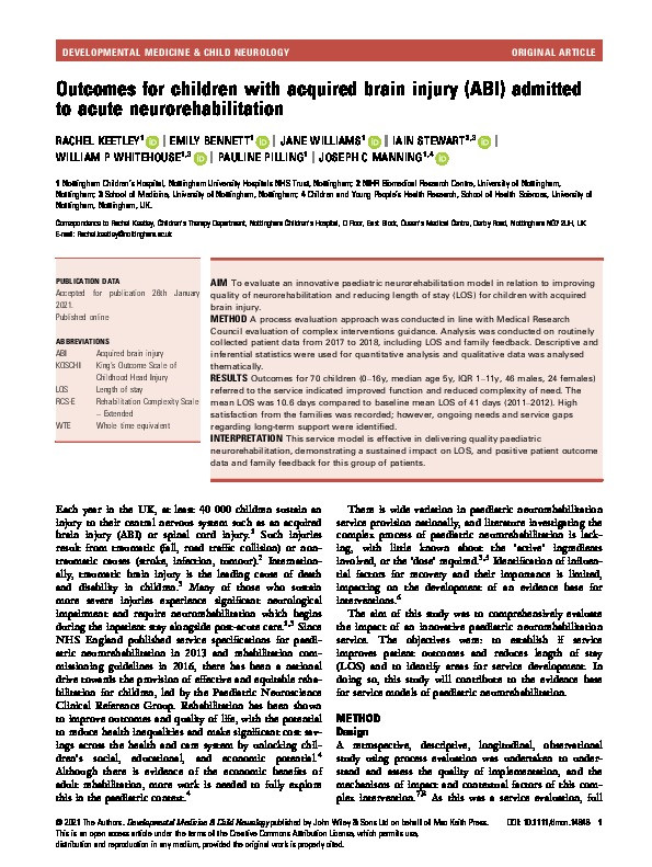 Outcomes for children with acquired brain injury (ABI) admitted to acute neurorehabilitation Thumbnail