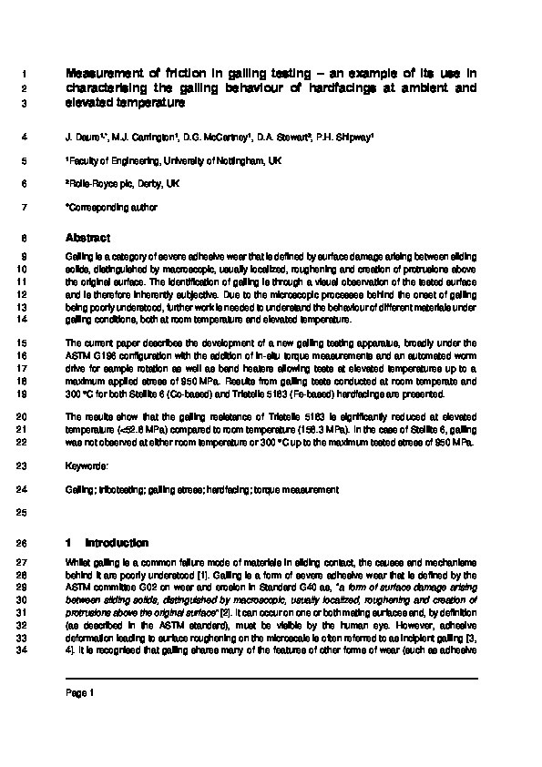 Measurement of friction in galling testing – An example of its use in characterising the galling behaviour of hardfacings at ambient and elevated temperature Thumbnail