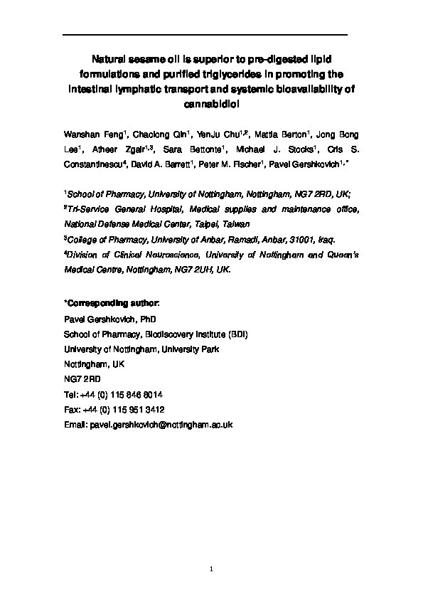 Natural sesame oil is superior to pre-digested lipid formulations and purified triglycerides in promoting the intestinal lymphatic transport and systemic bioavailability of cannabidiol Thumbnail