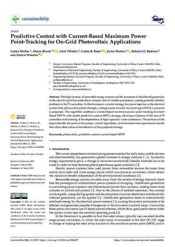 Predictive Control with Current-Based Maximum Power Point-Tracking for On-Grid Photovoltaic Applications Thumbnail