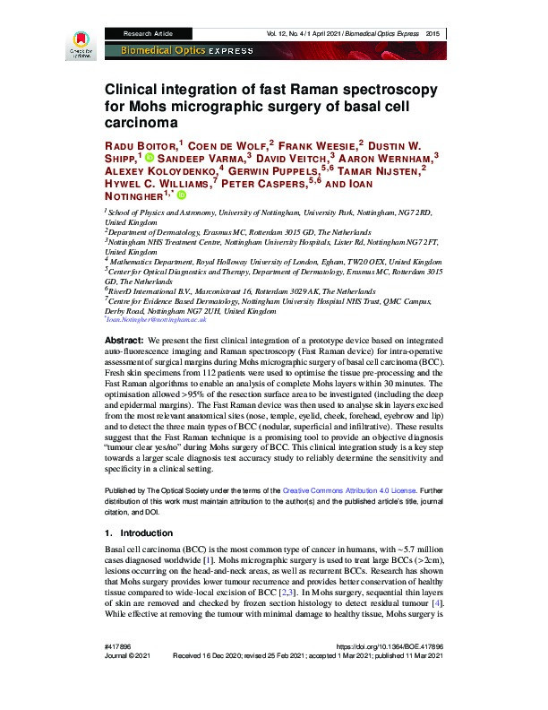 Clinical integration of fast Raman spectroscopy for Mohs micrographic surgery of basal cell carcinoma Thumbnail