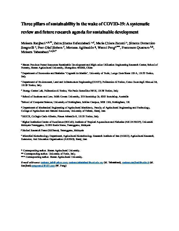 Three pillars of sustainability in the wake of COVID-19: A systematic review and future research agenda for sustainable development Thumbnail