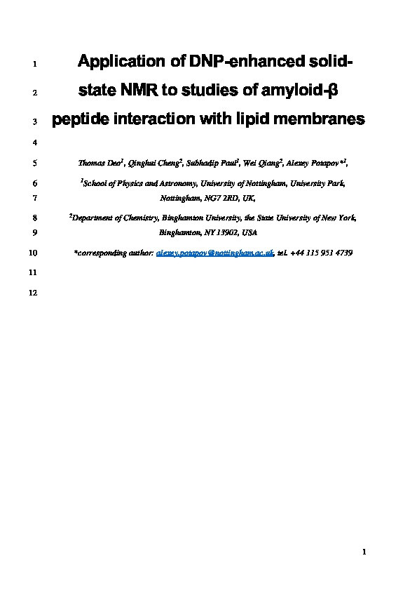 Application of DNP-enhanced solid-state NMR to studies of amyloid-β peptide interaction with lipid membranes Thumbnail