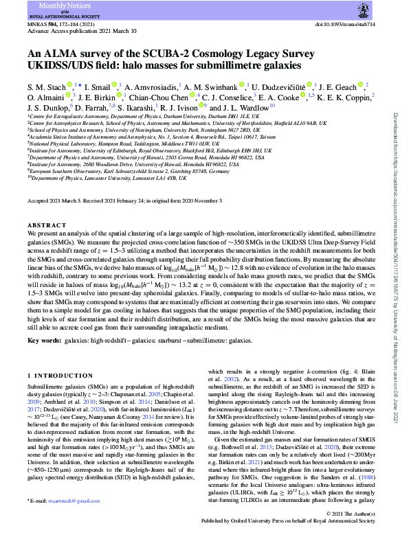 An ALMA survey of the SCUBA-2 Cosmology Legacy Survey UKIDSS/UDS field: Halo masses for submillimetre galaxies Thumbnail