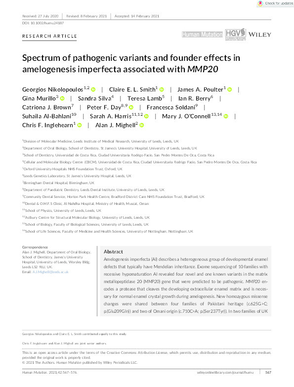 Spectrum of pathogenic variants and founder effects in amelogenesis imperfecta associated with MMP20 Thumbnail