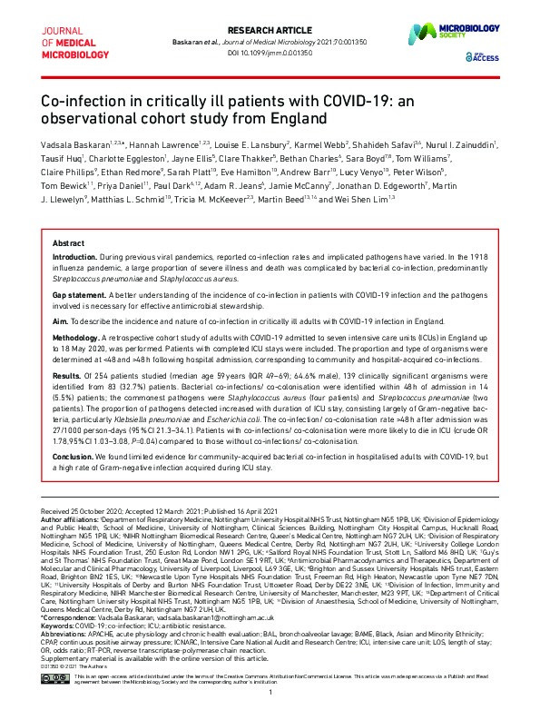 Co-infection in critically ill patients with COVID-19: an observational cohort study from England Thumbnail
