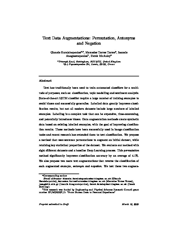 Text Data Augmentations: Permutation, Antonyms and Negation Thumbnail