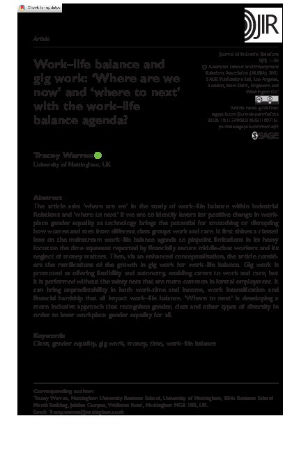 Work-life balance and gig work. ‘Where are we now’ and ‘where to next’ with the work-life balance agenda? Thumbnail