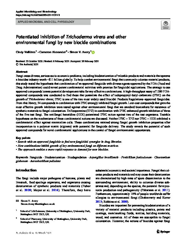 Potentiated inhibition of Trichoderma virens and other environmental fungi by new biocide combinations Thumbnail