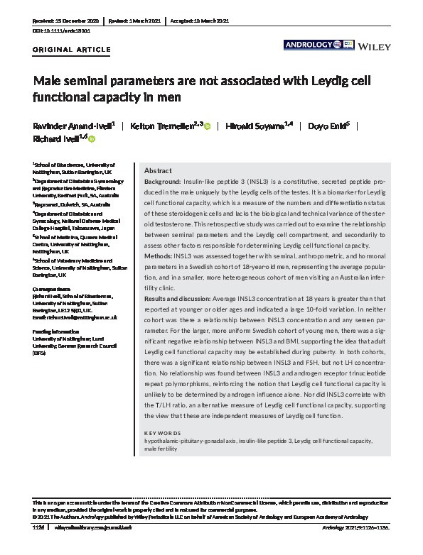 Male seminal parameters are not associated with Leydig cell functional capacity in men Thumbnail