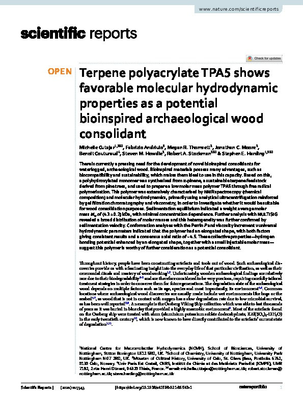 Terpene polyacrylate TPA5 shows favorable molecular hydrodynamic properties as a potential bioinspired archaeological wood consolidant Thumbnail