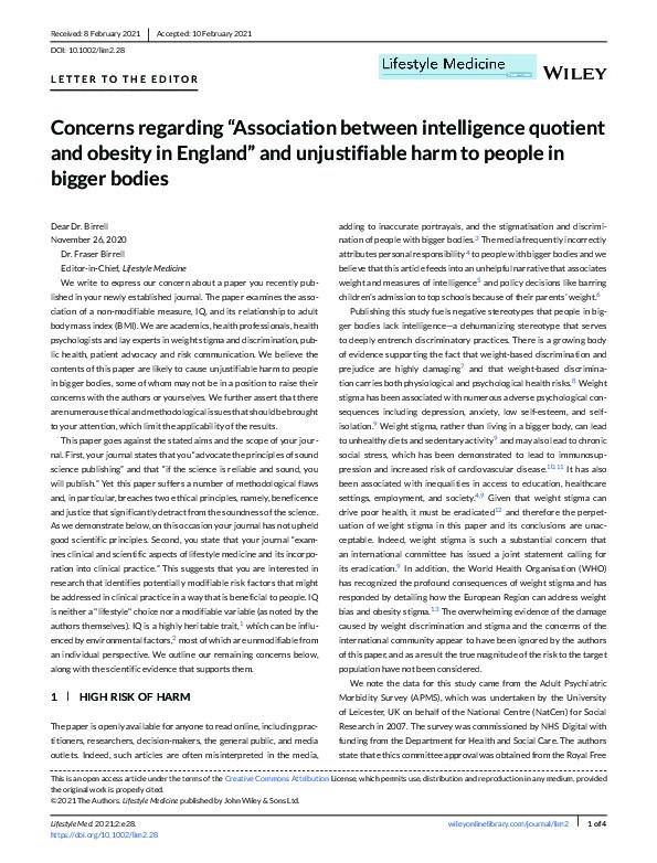 Concerns regarding “Association between intelligence quotient and obesity in England” and unjustifiable harm to people in bigger bodies Thumbnail