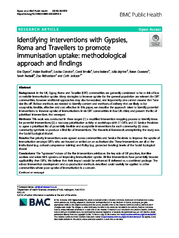 Identifying interventions with Gypsies, Roma and Travellers to promote immunisation uptake: methodological approach and findings Thumbnail