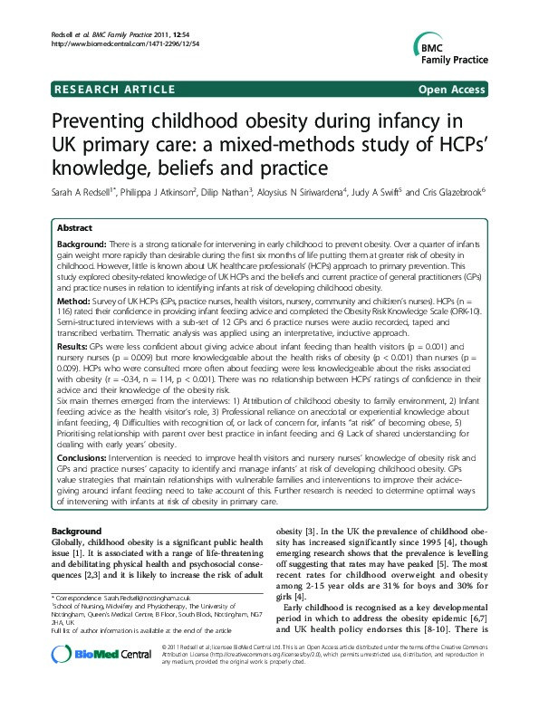 Preventing childhood obesity during infancy in UK primary care: a mixed-methods study of HCPs' knowledge, beliefs and practice Thumbnail