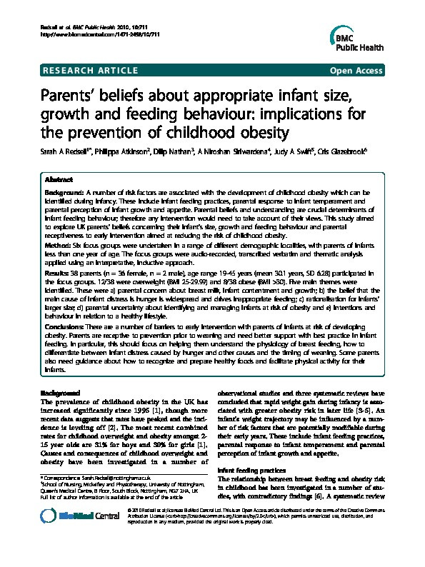 Parents' beliefs about appropriate infant size, growth and feeding behaviour: implications for the prevention of childhood obesity Thumbnail