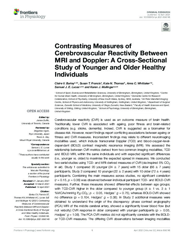 Contrasting Measures of Cerebrovascular Reactivity Between MRI and Doppler: A Cross-Sectional Study of Younger and Older Healthy Individuals Thumbnail