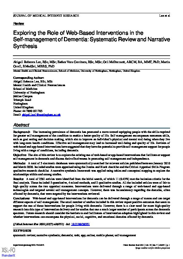 Exploring the role of web-based interventions in the self-management of dementia: Systematic review and narrative synthesis Thumbnail