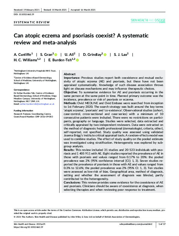 Can atopic eczema and psoriasis coexist? A systematic review and meta?analysis Thumbnail