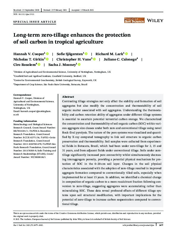 Long‐term zero‐tillage enhances the protection of soil carbon in tropical agriculture Thumbnail