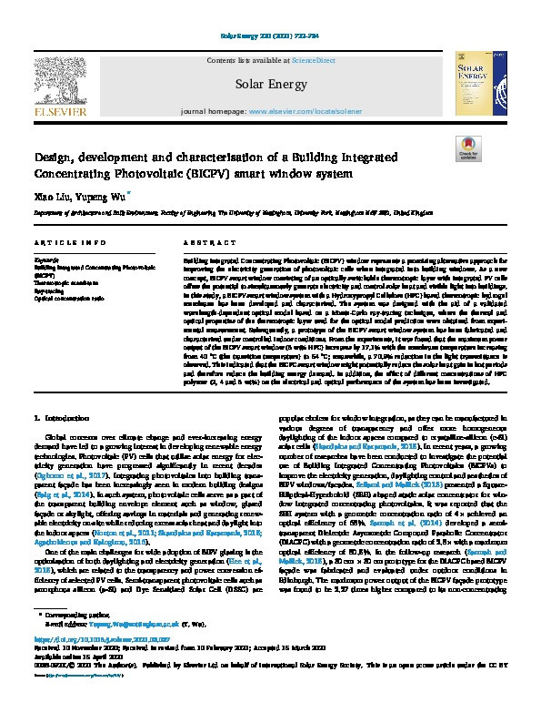 Design, development and characterisation of a Building Integrated Concentrating Photovoltaic (BICPV) smart window system Thumbnail