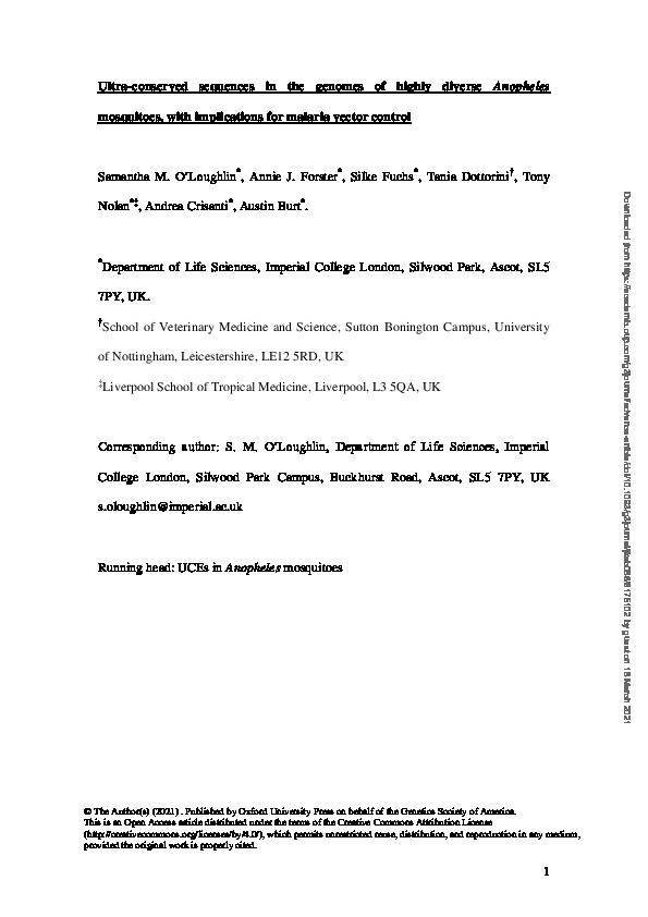 Ultra-conserved sequences in the genomes of highly diverse Anopheles mosquitoes, with implications for malaria vector control Thumbnail