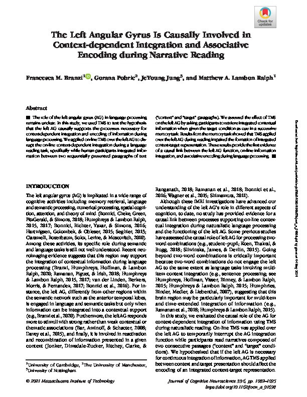 The Left Angular Gyrus Is Causally Involved in Context-dependent Integration and Associative Encoding during Narrative Reading Thumbnail