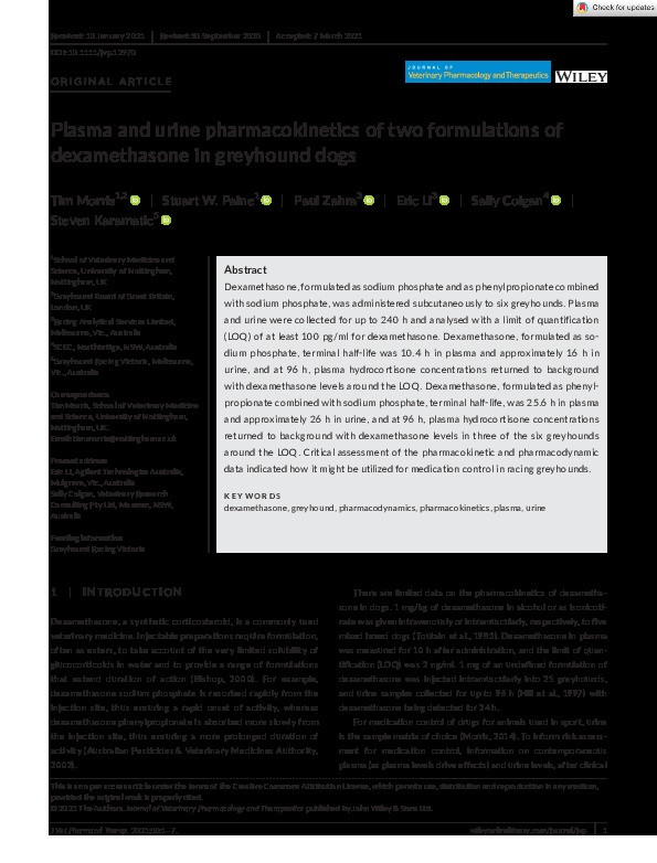 Plasma and urine pharmacokinetics of two formulations of dexamethasone in greyhound dogs Thumbnail