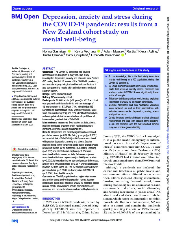 Depression, anxiety and stress during the COVID-19 pandemic: results from a New Zealand cohort study on mental well-being Thumbnail