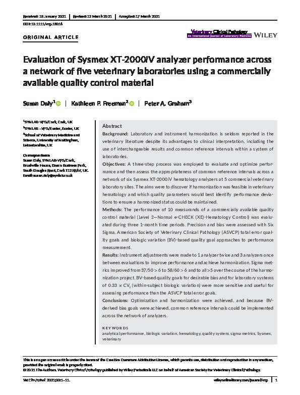 Evaluation of Sysmex XT-2000iV analyzer performance across a network of five veterinary laboratories using a commercially available quality control material Thumbnail