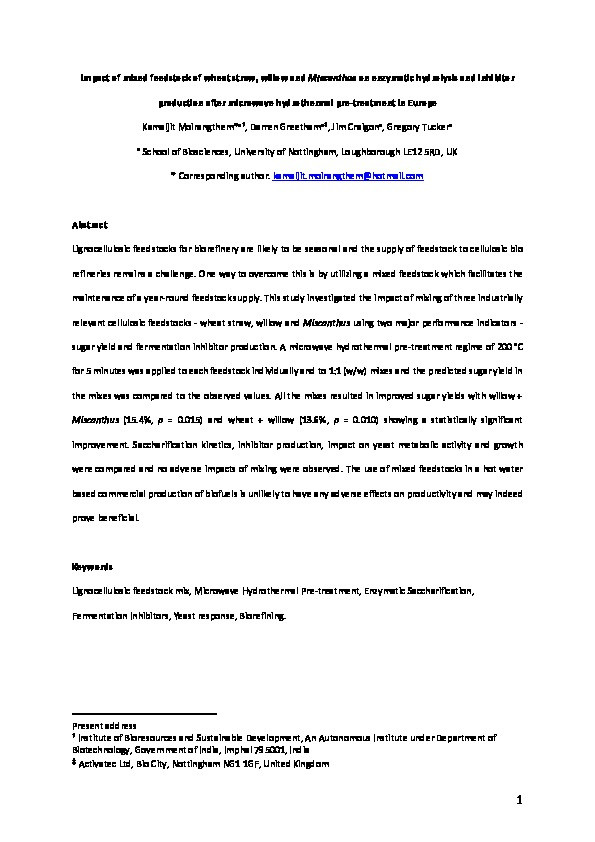 Impact of mixed feedstock of wheat straw, willow and Miscanthus on enzymatic hydrolysis and inhibitor production after microwave hydrothermal pre-treatment in Europe Thumbnail
