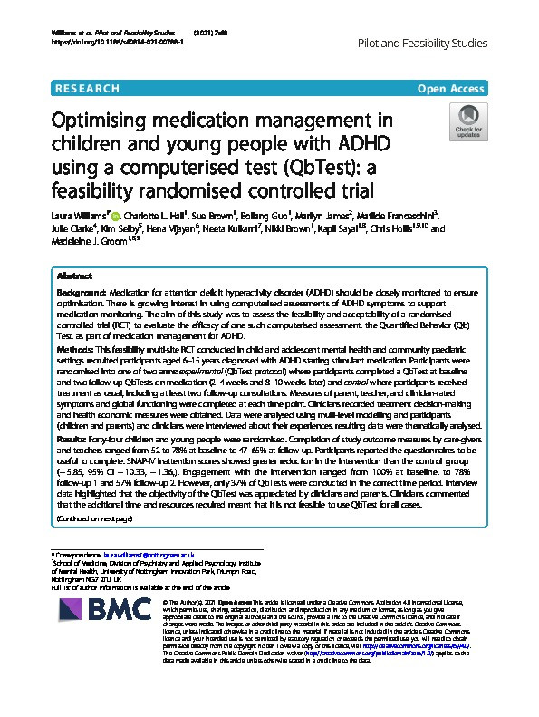Optimising medication management in children and young people with ADHD using a computerised test (QbTest): a feasibility randomised controlled trial Thumbnail