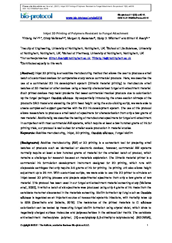 Inkjet 3D Printing of Polymers Resistant to Fungal Attachment Thumbnail