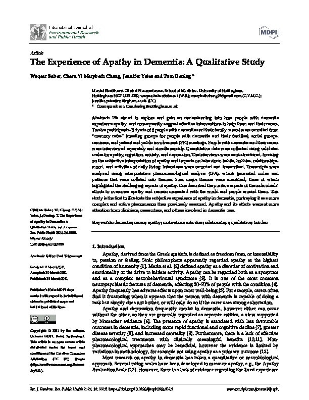 The Experience of Apathy in Dementia: A Qualitative Study Thumbnail