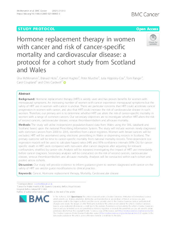 Hormone replacement therapy in women with cancer and risk of cancer-specific mortality and cardiovascular disease: A protocol for a cohort study from Scotland and Wales Thumbnail