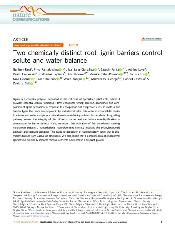 Two chemically distinct root lignin barriers control solute and water balance Thumbnail