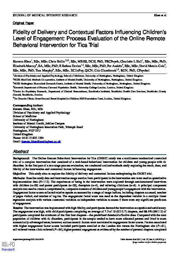 Fidelity of delivery and contextual factors influencing children’s level of engagement: Process evaluation of the Online Remote Behavioural Intervention for Tics (ORBIT) Trial Thumbnail