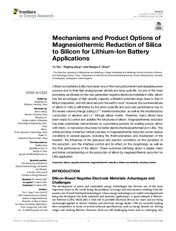 Mechanisms and Product Options of Magnesiothermic Reduction of Silica to Silicon for Lithium-Ion Battery Applications Thumbnail