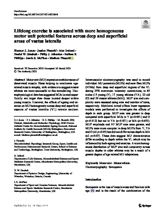 Lifelong exercise is associated with more homogeneous motor unit potential features across deep and superficial areas of vastus lateralis Thumbnail