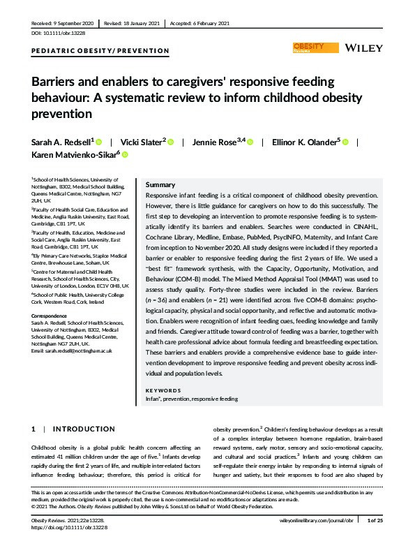 Barriers and enablers to Caregivers' Responsive feeding Behaviour (CRiB): A systematic review to inform childhood obesity prevention Thumbnail