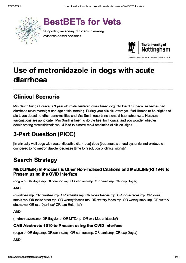 Does metronidazole increase the speed of recovery in dogs with acute diarrhoea? Thumbnail