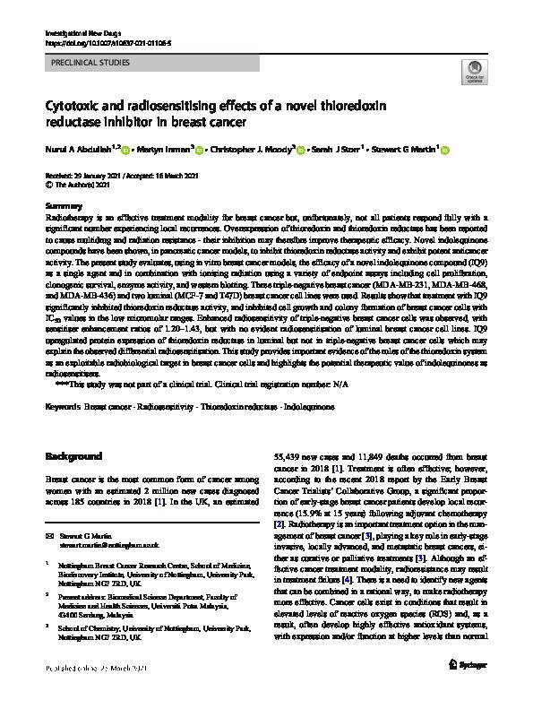 Cytotoxic and radiosensitising effects of a novel thioredoxin reductase inhibitor in breast cancer Thumbnail