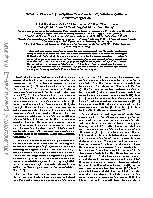 Efficient Electrical Spin Splitter Based on Nonrelativistic Collinear Antiferromagnetism Thumbnail