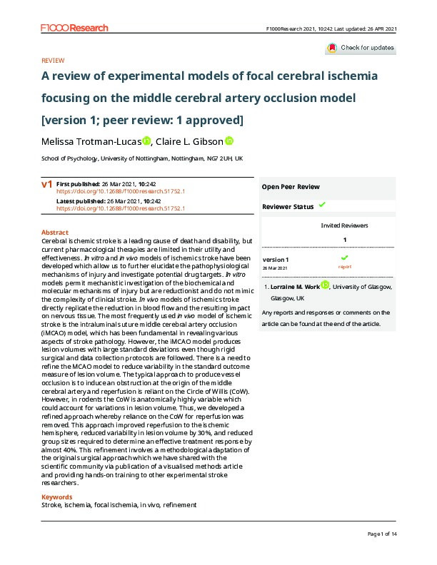 A review of experimental models of focal cerebral ischemia focusing on the middle cerebral artery occlusion model Thumbnail