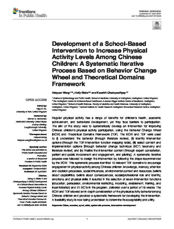 Development of a school-based intervention to increase physical activity levels among Chinese children: a systematic iterative process based on Behaviour Change Wheel and Theoretical Domains Framework Thumbnail