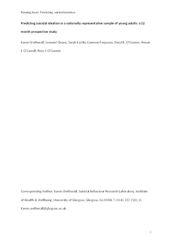 Predicting suicidal ideation in a nationally representative sample of young adults: a 12-month prospective study Thumbnail